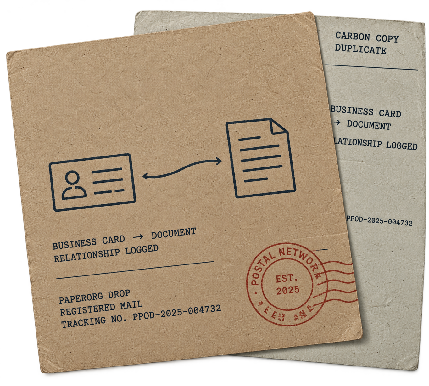 A kraft-paper delivery manifest: a business card linked by a hand-drawn arrow to a document, with a carbon-copy duplicate sheet behind it.